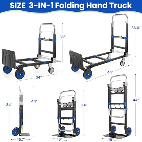 3-in-1 Folding Hand Truck, 600lb Convertible 4 to 2 Wheel Dolly Cart Blue | For home office warehouse garage farm gym, carbon steel frame, base expands 35-44in, swivel rubber wheels, folds flat - color: Blue