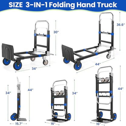 3-in-1 Folding Hand Truck, 600lb Convertible 4 to 2 Wheel Dolly Cart Blue | For home office warehouse garage farm gym, carbon steel frame, base expands 35-44in, swivel rubber wheels, folds flat - color: Blue