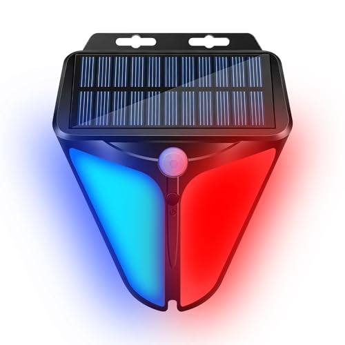Aolyty Solar Motion Sensor Alarm Light with Siren, 4 Modes Red & Blue LED | IP65 Waterproof Red & Blue LED Outdoor Security Lights for Fences, Pastures, Farms, Yards
