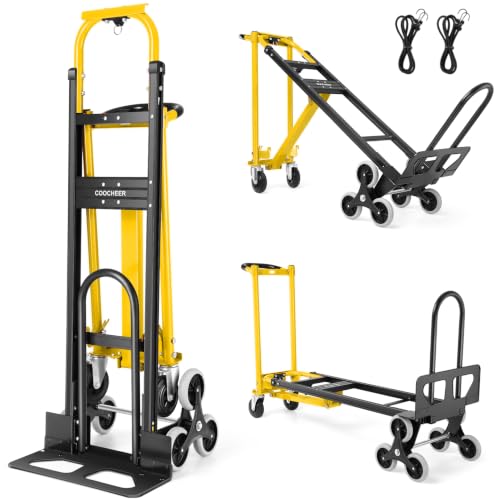 1000lb Aluminum Stair Climbing Dolly, 3-in-1 Convertible Hand Truck, Yellow | Heavy Duty Foldable Dolly Cart with Solid Rubber Tri-Wheels, Loop Handle and 2 Bungee Cords for Moving, Warehouse - color: Yellow