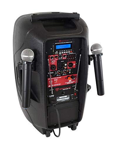 Rockville RAM12BT 12" Rechargeable DJ PA Speaker Bundle with RVES05 Stand | 8-Hour Rechargeable Battery, TWS, XLR/1/4" Inputs, USB/SD, 600W Peak/150W RMS, 5 Band EQ, FM Radio, 2 VHF Mics, 2-Items