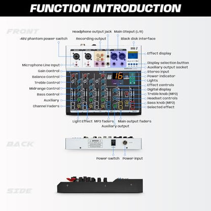 4 Channel Audio Mixer, 16 DSP Effects, 48V Phantom Power F4PRO | Bluetooth & USB connect, 3-band EQ, Real-time Monitoring, for Recording, Podcasting, Live Streaming, and DJ Use.