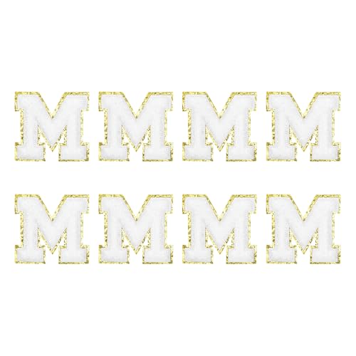 MECCANIXITY Chenille Letter Patches 2.2" Self Adhesive Alphabet M Stick on Embroidered Patch Sew on Letter Stickers Applique for Repairing Clothing Jeans Shoes Hats DIY(White, Pack of 8) - style: Letter M