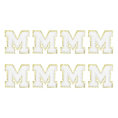 MECCANIXITY Chenille Letter Patches 2.2" Self Adhesive Alphabet M Stick on Embroidered Patch Sew on Letter Stickers Applique for Repairing Clothing Jeans Shoes Hats DIY(White, Pack of 8) - style: Letter M