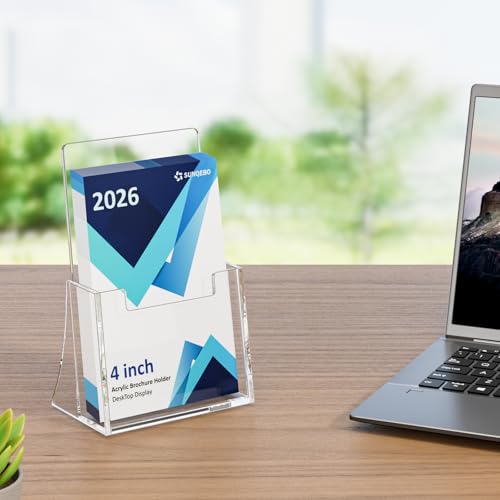 Acrylic Brochure Holder 4 Inch, 4 Pack, 4''x6'' Flyer Holder Display Stands | Clear, Plastic Pamphlet Holder, Flyers, Literature, Magazines, Booklets, Journals, Desk Holder, Office, Countertop Organizer - size: 4" x 6"