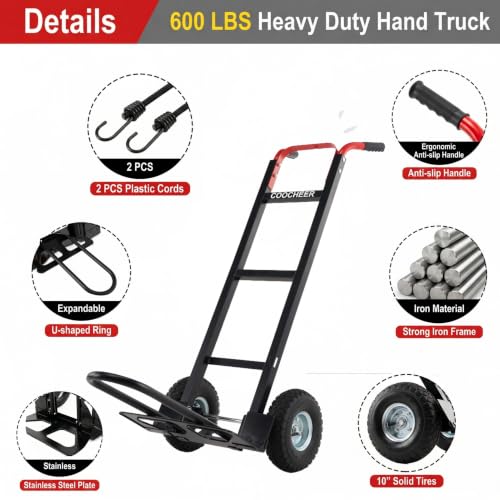 600 LBS Aluminum Hand Truck, Heavy Duty Dolly Cart with 10" Pneumatic Tires - color: Black