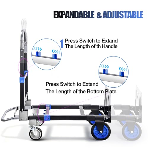 Upgraded 3 in 1 Convertible Hand Truck Aluminium Dolly Cart with Wheels Folding Hand Truck 660lbs Capacity, Collapsible Dolly and Retractable Handle for Warehouse Supermarket