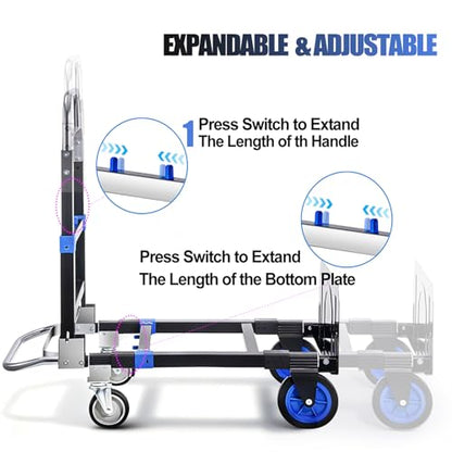 Upgraded 3 in 1 Convertible Hand Truck Aluminium Dolly Cart with Wheels Folding Hand Truck 660lbs Capacity, Collapsible Dolly and Retractable Handle for Warehouse Supermarket