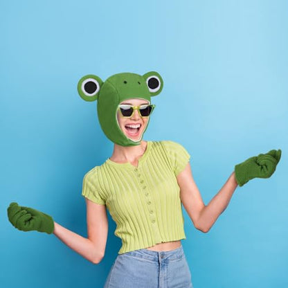 Zoooyawn 3 Pcs Frog Costume Accessory Set Cute Plush Green Frog Hood Gloves and Hat for Adult Outfit Cosplay Party Decoration Supplies