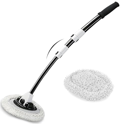 WillingHeart 15° Curved Car Wash Brush with Long Handle 43" Microfiber Cleaning Mop Telescopic Extension Pole for Caravan RV Truck Auto SUV Wheel Boat Exterior 2 in1 Carwash Duster Scratch Free, White - color: White