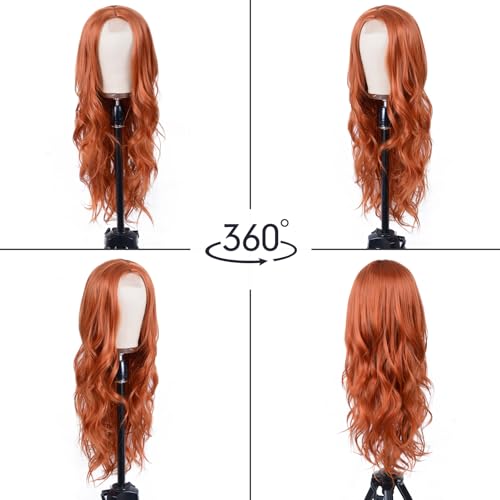 Aida ble Long Wavy Ginger Wig for Women 26inch Middle Part Synthetic Wig | Natural Looking Orange Wig,Heat Resistant Hair,Suitable for Daily Wear,Party,Halloween and Cosplay,Beginner-friendly Wig - color: Ginger