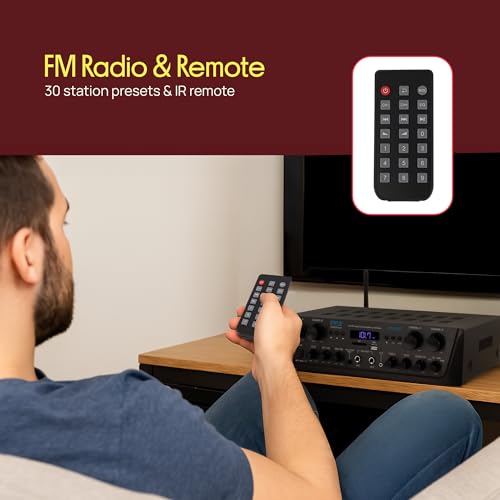 Pyle 4-Channel Audio Amplifier with Bluetooth - Home Stereo Receiver w/ 500W Max Power - Commercial or Karaoke - Dual Mic Input with Echo, Vol, Talk-Over - AUX In - Sub Out - USB-A MP3 Player, AM/FM