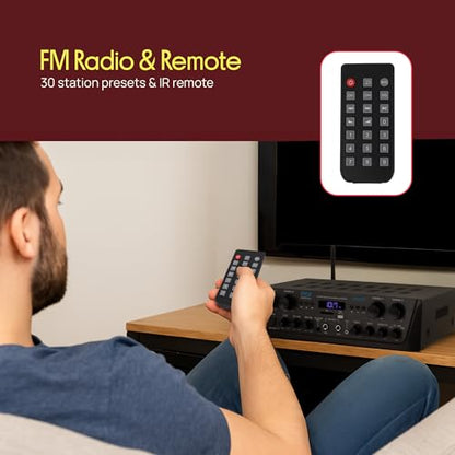 Pyle 4-Channel Audio Amplifier with Bluetooth - Home Stereo Receiver w/ 500W Max Power - Commercial or Karaoke - Dual Mic Input with Echo, Vol, Talk-Over - AUX In - Sub Out - USB-A MP3 Player, AM/FM