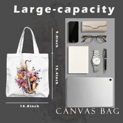 Aesthetic Music Floral Tote Bag for Women, Reusable Canvas Bag with Musical & Botanical Design, Daily Use Gift - color: White-music-007
