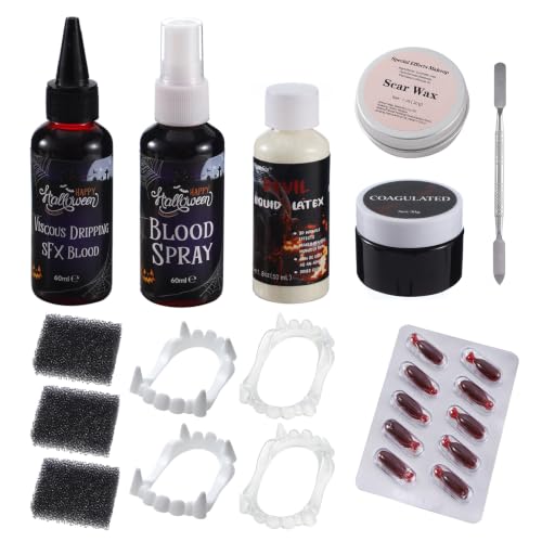 SFX Makeup Kit Fake Blood Scar Wax Liquid Latex Cosplay Set | All-in-one Halloween SFX makeup kit for zombie & vampire cosplay costumes stage performance