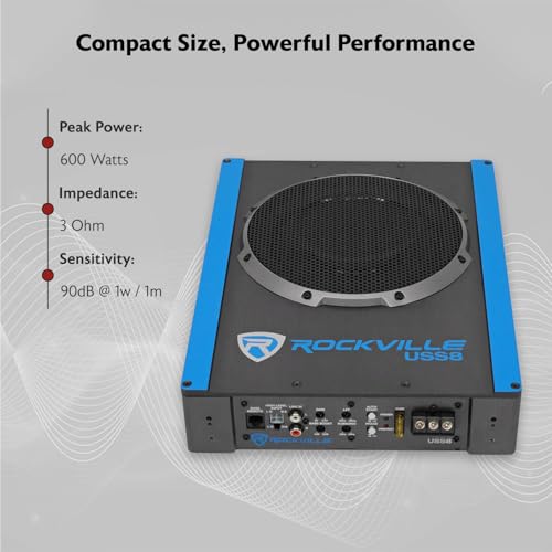 Rockville USS8 8" Slim Under-Seat Active Powered Car/Truck Subwoofer | 600W Peak / 150W RMS, Bass Knob, CEA-2006 Compliant, RCA and High Level Inputs, Auto Turn-On, Built-In Amp, 2.9" Profile