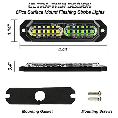 ASPL 8pcs Sync Feature Ultra Slim 12-LED Surface Mount Flashing Strobe Lights for Truck Car Vehicle LED Mini Grille Light Head Emergency Beacon Hazard Warning Lights (Amber/Green) (Pack of 2) - color: Amber/Green, size: 4.41L x 0.44W x 1.14H Inch (Pack of
