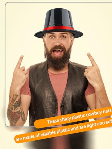 12 Pack Adults Top Hats Bulk Black Glitter Top Hat with Red Band Plastic Magician Hat for Men Women Dress Up Supply - color: Color Style 3 ( Pvc Glossy )