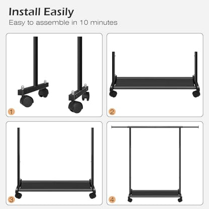 MISSLO Short Clothing Racks for Hanging Clothes with Bottom Shelves and Wheels Heavy Duty Rolling Clothes Rack Kids Clothing Rack for Adult Coat, Closet, Wardrobe (Black) - color: Black