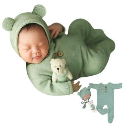 Zeroest Newborn Photography Bear Outfit Baby Photoshoot Props | New Born Boy Girl Hat Clothes Set, Infant Photo Prop Outfits - color: Light Green