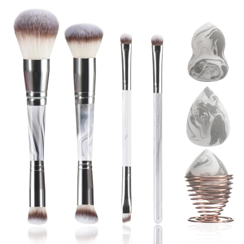 Grey Makeup Brushes set, 4 Dual-Ended Brushes, 3 Makeup Sponges & 1 Metal Stand, Professional Complete Cosmetic Brush Set, for Foundation Powder Blush Eyeshadow - style: Grey 8-piece set