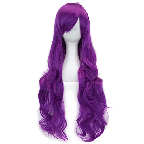 IMISSU 80cm Long Curly Natural Hair Cosplay Wig with Bangs Colorful Halloween Costume Party Wigs for Women (Violet) - color: Violet