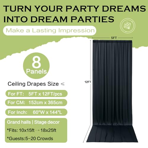 40x12 ft Black Backdrop Curtains for Weddings Parties, Birthdays and Photos - color: Black, size: W5' x H12'(8 panels)