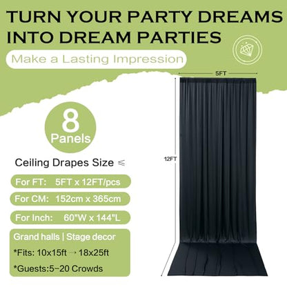 40x12 ft Black Backdrop Curtains for Weddings Parties, Birthdays and Photos - color: Black, size: W5' x H12'(8 panels)