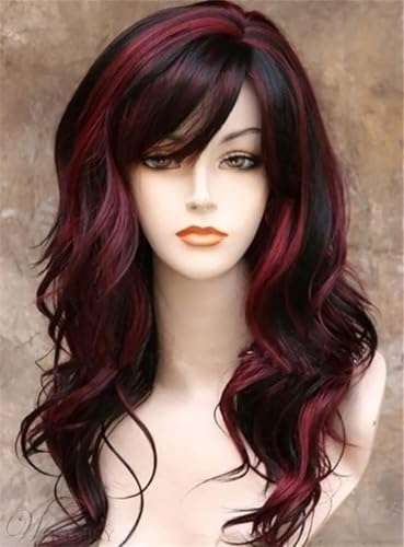 PORSMEER Black and Red Long Curly Wavy Wigs for Women Girls for Cosplay Party Halloween Fancy Dress Costume Heat Resistant Synthetic Hair with Fringe - color: Black mixed Red