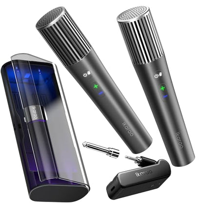 Ikarao Wireless Microphone with Dual Channel Receiver & UV Self-Cleaning Storage Case, 2 Handheld Dynamic Mics, 20H Battery, 100ft Range, Plug & Play Karaoke Mic for JBL, Party, Home, Church (Black) - color: Black