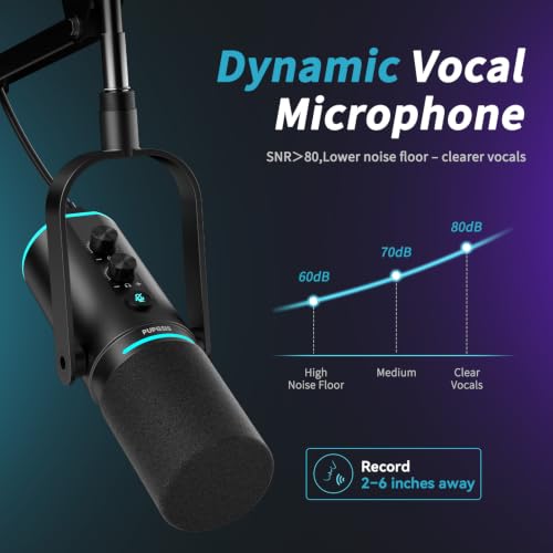 XLR/USB Dynamic Podcast Microphone for Streaming/Recording/Gaming | Mute Button, Reverb Effects, Noise Cancellation, RGB Light Boom Arm Stand, Headphones Jack,SNR>85dB - size: With Boom Arm
