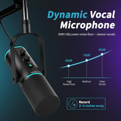 XLR/USB Dynamic Podcast Microphone for Streaming/Recording/Gaming | Mute Button, Reverb Effects, Noise Cancellation, RGB Light Boom Arm Stand, Headphones Jack,SNR>85dB - size: With Boom Arm