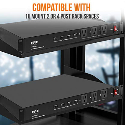 Pyle 19 Outlet 1U 19" Rackmount PDU Power Distribution Supply Center Conditioner Strip Unit Surge Protector 15 Amp Circuit Breaker 4 USB Multi Device Charge Ports 15FT Cord, Black - PCO865 | 15 Amp Circuit Breaker - 4 USB Ports - 15FT Cord - Power Supply