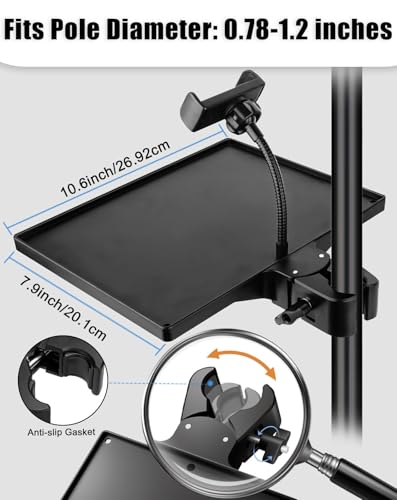Mic Stand Tray 10.6" x 7.8" Large with Crab Clamp for Mixers & Gear | Sturdy ABS, Firm Grip, Easy ON/OFF, 5.5 lbs Capacity, Clamps on Microphone, Music, Drum Stands & Tripod, for Studio, Podcast - style: Tray with Phone Holder