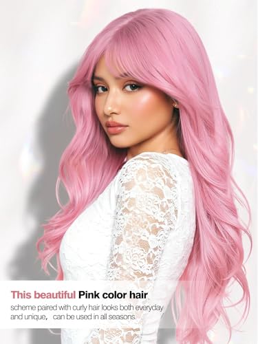 Quantum Love Long Curly Pink Wig for Women Long Wavy Middle Part Light Pink Wigs 28Inch Natural Looking Synthetic Fashion Color Hair for Cosplay Halloween Daily Party Use - color: Pink