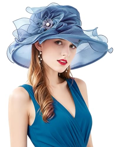 Women Derby Fascinator Hat Organza Church Wedding Hats Wide Brim Cocktail Tea Party Hat - color: 07 Navy Blue