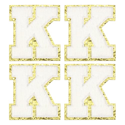 MECCANIXITY Chenille Letter Patches 3.1" Alphabet K Iron on Embroidered Patch Sew on Letter Stickers Applique for Repairing Clothing Jeans Shoes Hats DIY(White, Pack of 4) - style: Letter-K