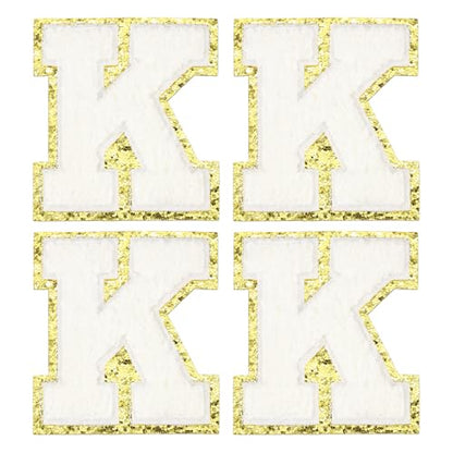 MECCANIXITY Chenille Letter Patches 3.1" Alphabet K Iron on Embroidered Patch Sew on Letter Stickers Applique for Repairing Clothing Jeans Shoes Hats DIY(White, Pack of 4) - style: Letter-K