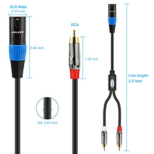 JOLGOO Unbalanced Dual RCA to XLR Male Y Splitter Patch Microphone Cable, 1 XLR Male to 2 RCA Male Y Adapter Cord Cable, 3.3 Feet - size: 3.3 Feet, style: Dual RCA Male to XLR Male