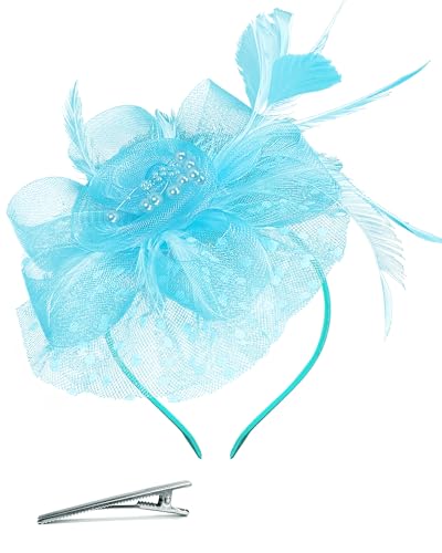 Fascinator Tea Party Hat Women 20s 50s Wedding Cocktail Flower Mesh Feathers Hair Clip for Carnival Halloween - color: A-lake Blue