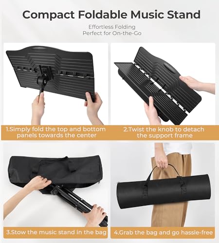 Music Stand, Vangoa Folding Sheet Music Stand with Detachable Microphone Stand & Phone Holder, Portable Lightweight with Music Sheet Clip Holder & Carrying Bag for Instrumental Performance - size: Music Stand + Microphone Stand
