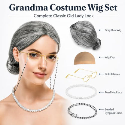 MAQIHAN Grandma Wig Costume Set - Gray Bun Wig with Cap and Glasses - color: Grey02