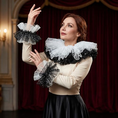 Renaissance Victorian Ruffle Collar and Wrist Cuffs Set Clown Neck Collar Layered Tulle Collar Cuffs - color: Black&white