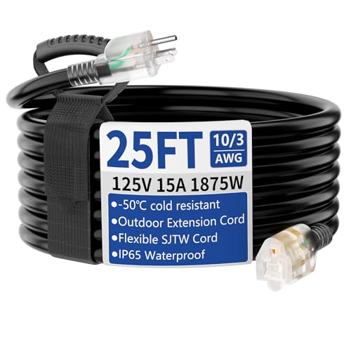 25ft Outdoor/Indoor Extension Cord with Lighted 10/3 Gauge, Black - size: 25FT
