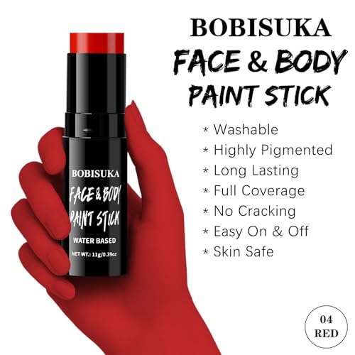 BOBISUKA Red Face Paint Stick, Highly Pigmented Full Coverage Washable Cream Face & Body Paint for Halloween Devil Clown Vampire Zombie Goth Cosplay SFX Makeup, Sports Eye Black Looks & Costume Party - color: Red