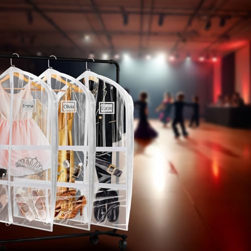 Garment Bags for Dance Costumes, 40in Kids Clear 5-Pocket 3-Pack | Upgraded 40 inch clear white, 5 zipper pockets, for dance costumes/cheer/ballet/travel, 3-pack, hanging storage.
