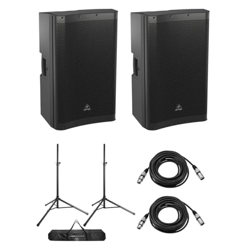 Behringer DR115DSP Active 1400W 15" PA Speaker System w/DSP and 2-Ch Mixer, Pair, Bundle with Turnstile Audio Speaker Stands, Pair, XLR M to F Cable 25'