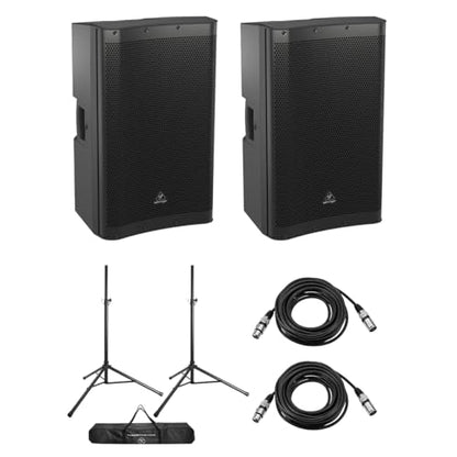 Behringer DR115DSP Active 1400W 15" PA Speaker System w/DSP and 2-Ch Mixer, Pair, Bundle with Turnstile Audio Speaker Stands, Pair, XLR M to F Cable 25'