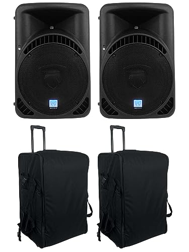 Rockville RPG15BT 15" Powered PA Speaker Pair with RPG15BT V2 Rolling Bags | 1000W Peak / 250W RMS, Bluetooth 5.0 TWS, USB/SD, 5-Band EQ, XLR/RCA, 2 Rolling Travel Bags with Wheels, 4-Items