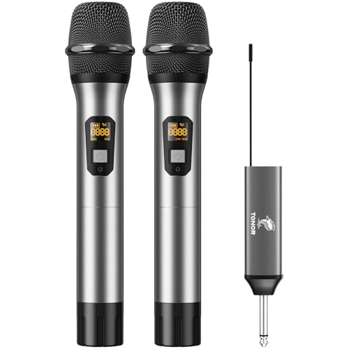 TONOR Wireless Microphones, 60 m/200ft UHF Dual Cordless Metal Dynamic Mic System with Receiver, Microfonos Inalambricos Professional for Karaoke Singing, Wedding, Party, Speech, Church, TW630 Silver